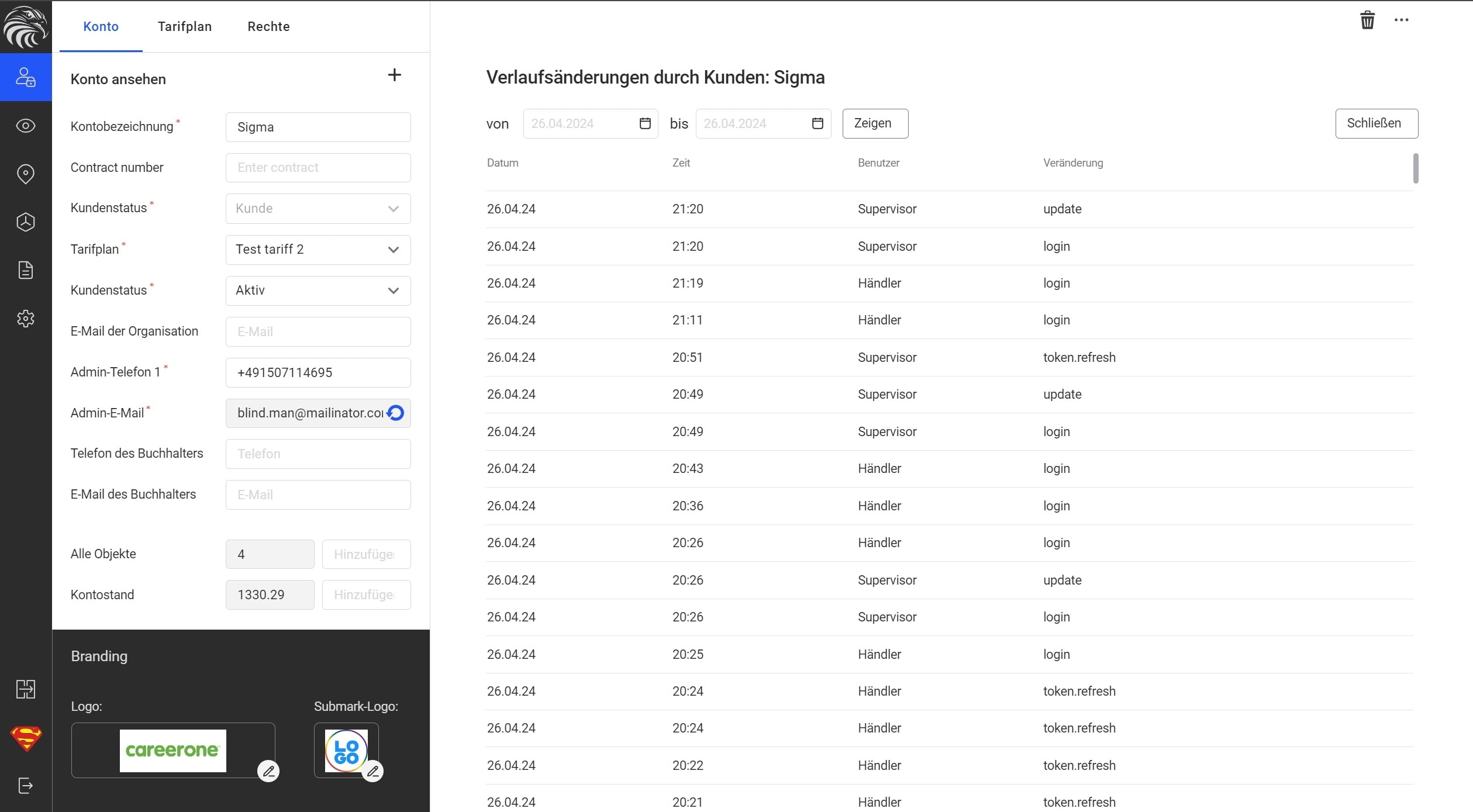 Kontoänderungsverlauf anzeigen